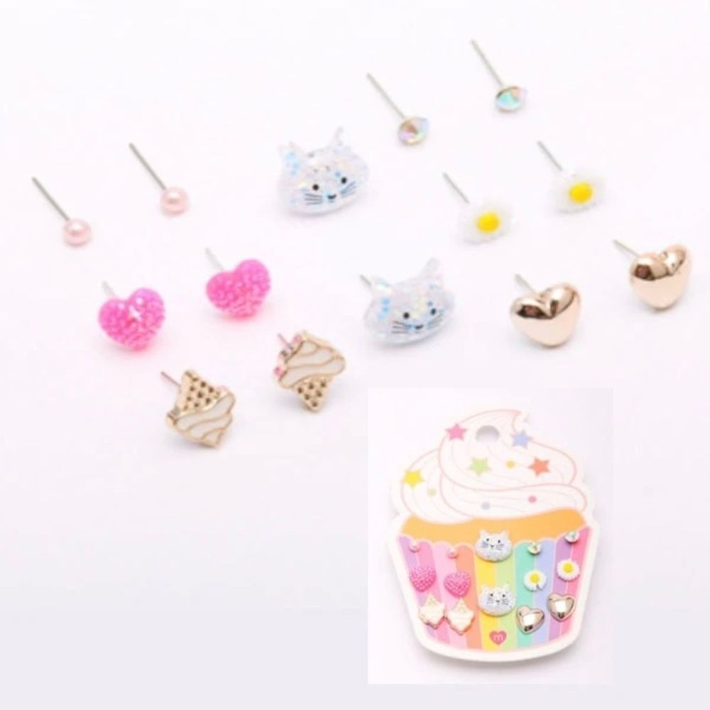 🏷️ Stud Earring Set Cats Hearts Daisies Ice Cream Faux Pearl Rhinestone 7 Pair